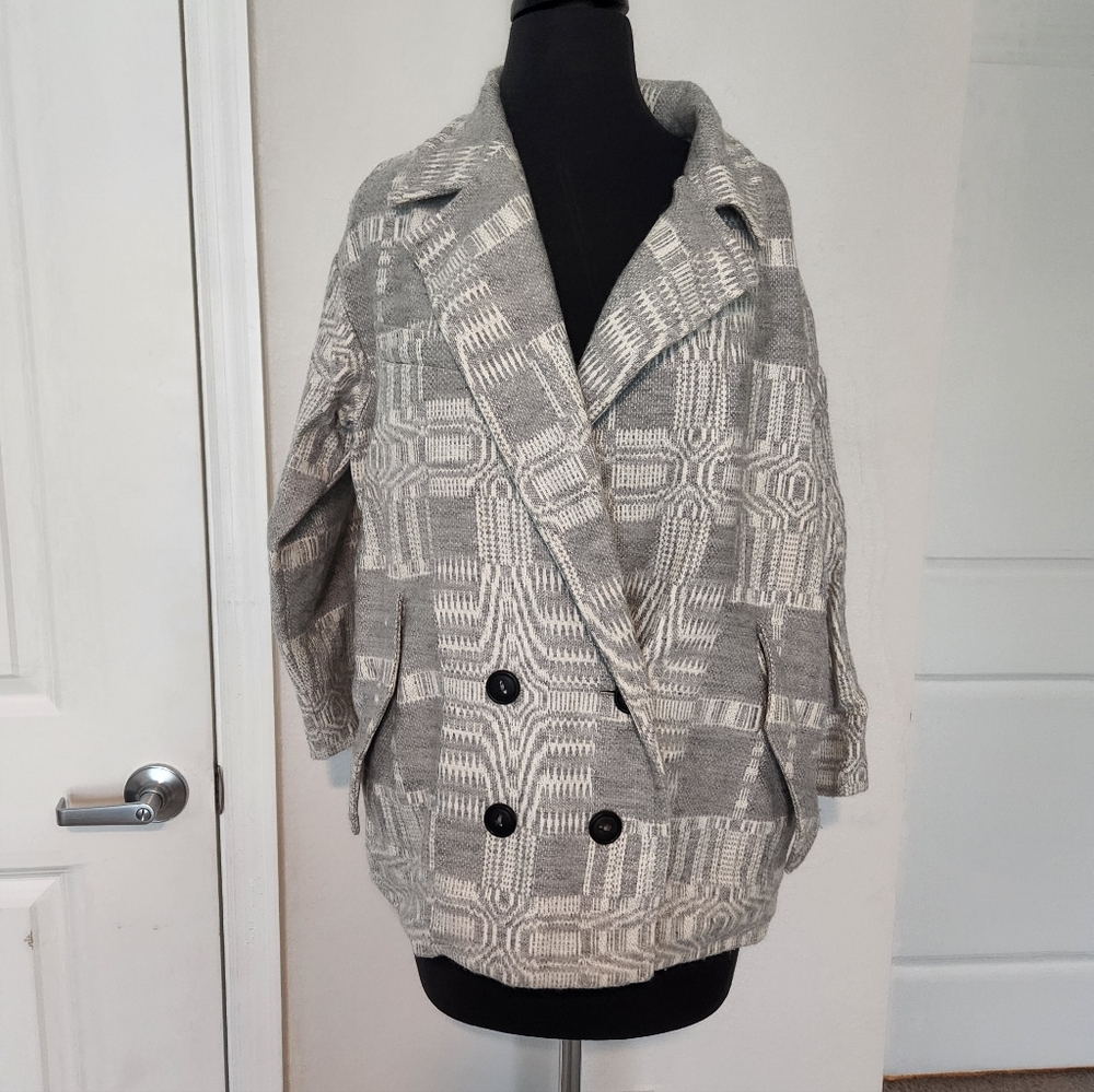 Isabel Marant Black and Cream Patterned Pea Coat